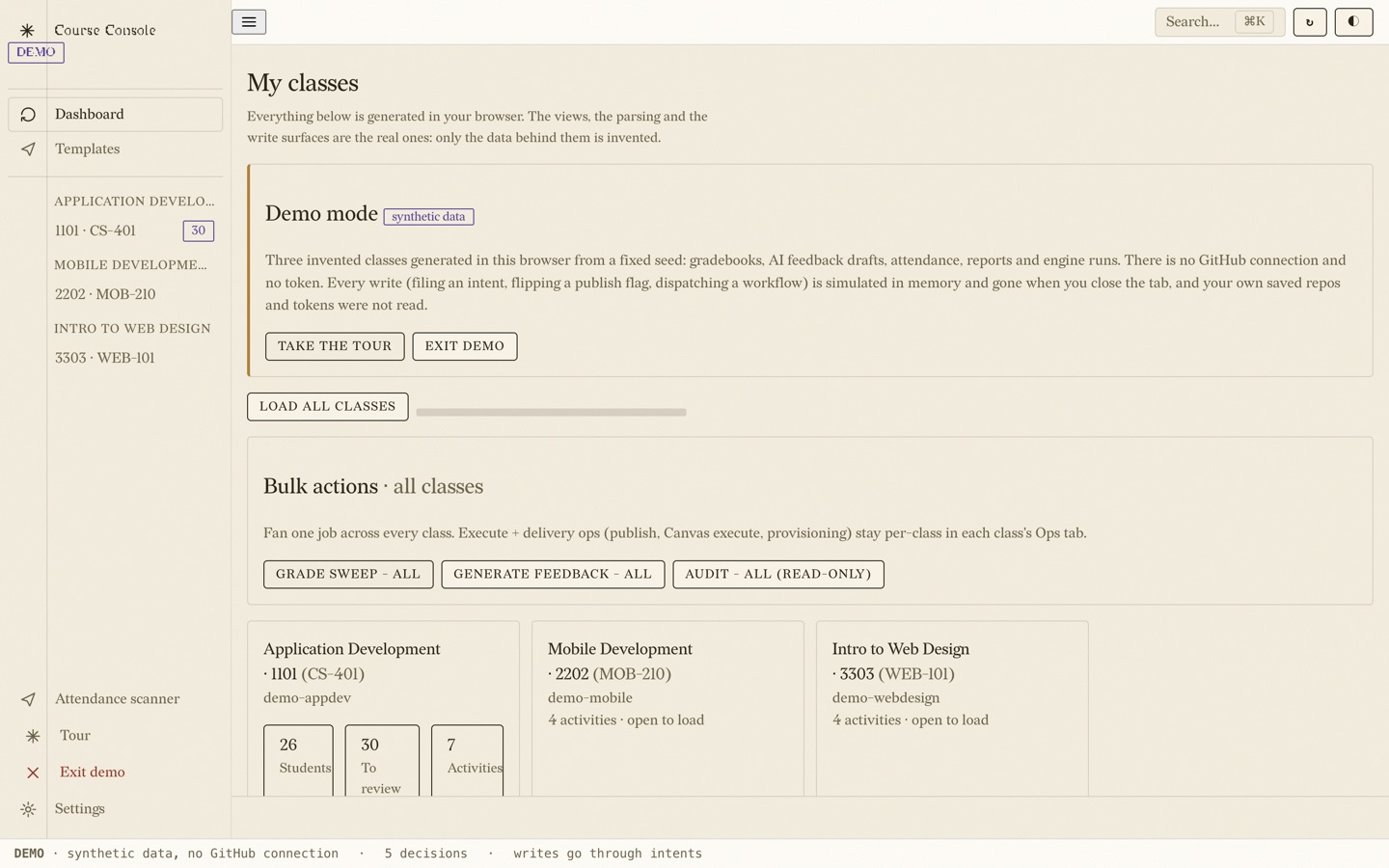 The Course Console dashboard in demo mode, with a demo badge in the sidebar, a banner explaining that three invented classes were generated in this browser with no GitHub connection and no token, and a footer repeating that writes go through intents.