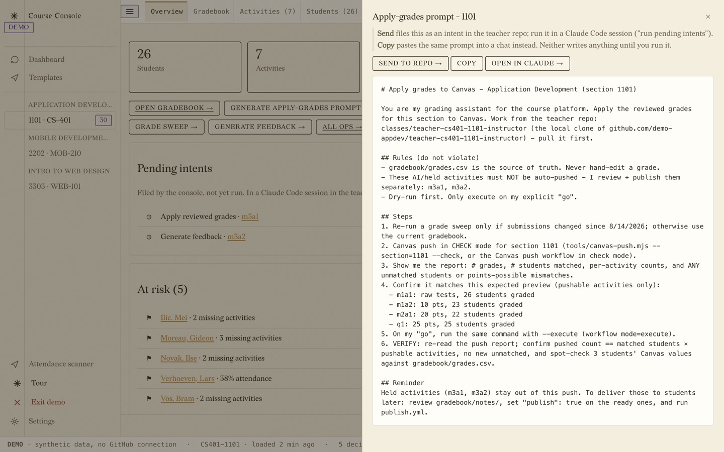 The apply-grades prompt the console generates: a plain Markdown brief naming the teacher repo, the rules that must not be violated, the numbered steps to run, and a reminder that the held activities stay out of this push.