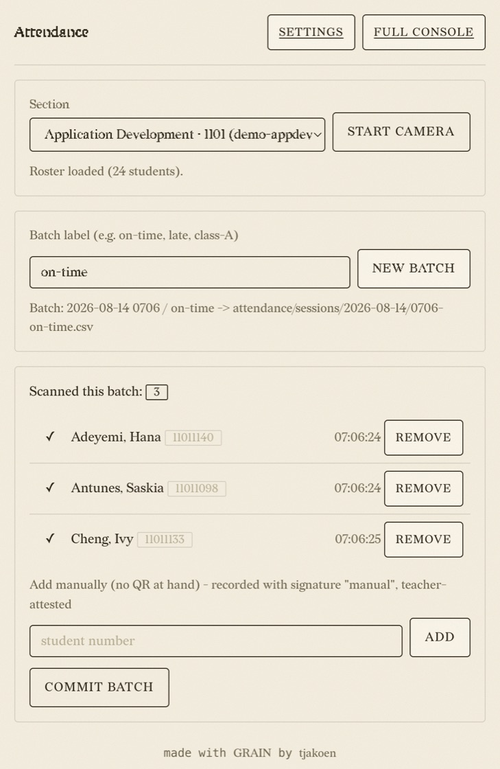 The attendance scanner at phone width: a section picked, a roster of 24 loaded, three students checked in with times, and the CSV path the batch will be written to shown underneath.