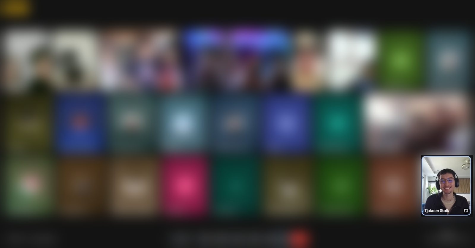 The ideation workshop on Google Meet, every student tile blurred, my own tile sharp in the bottom corner