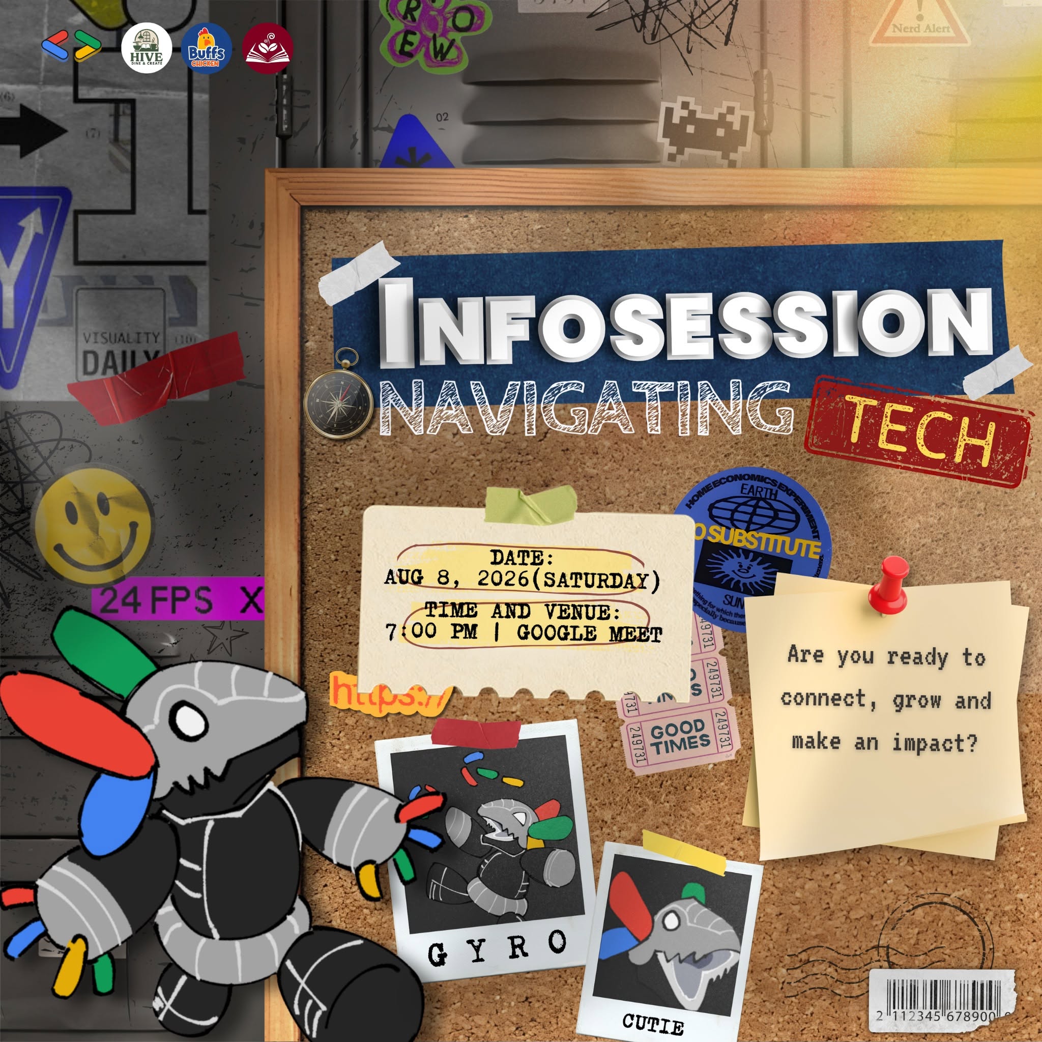 The event poster: Infosession, Navigating Tech, August 8 2026, 7 PM on Google Meet, on a corkboard of stickers and polaroids