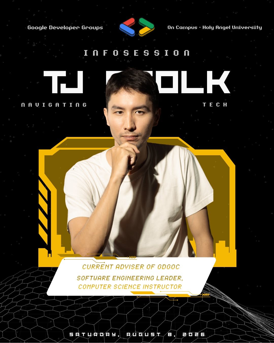 The organizers' speaker card announcing me for the infosession, captioned current adviser of GDGoC, software engineering leader, computer science instructor