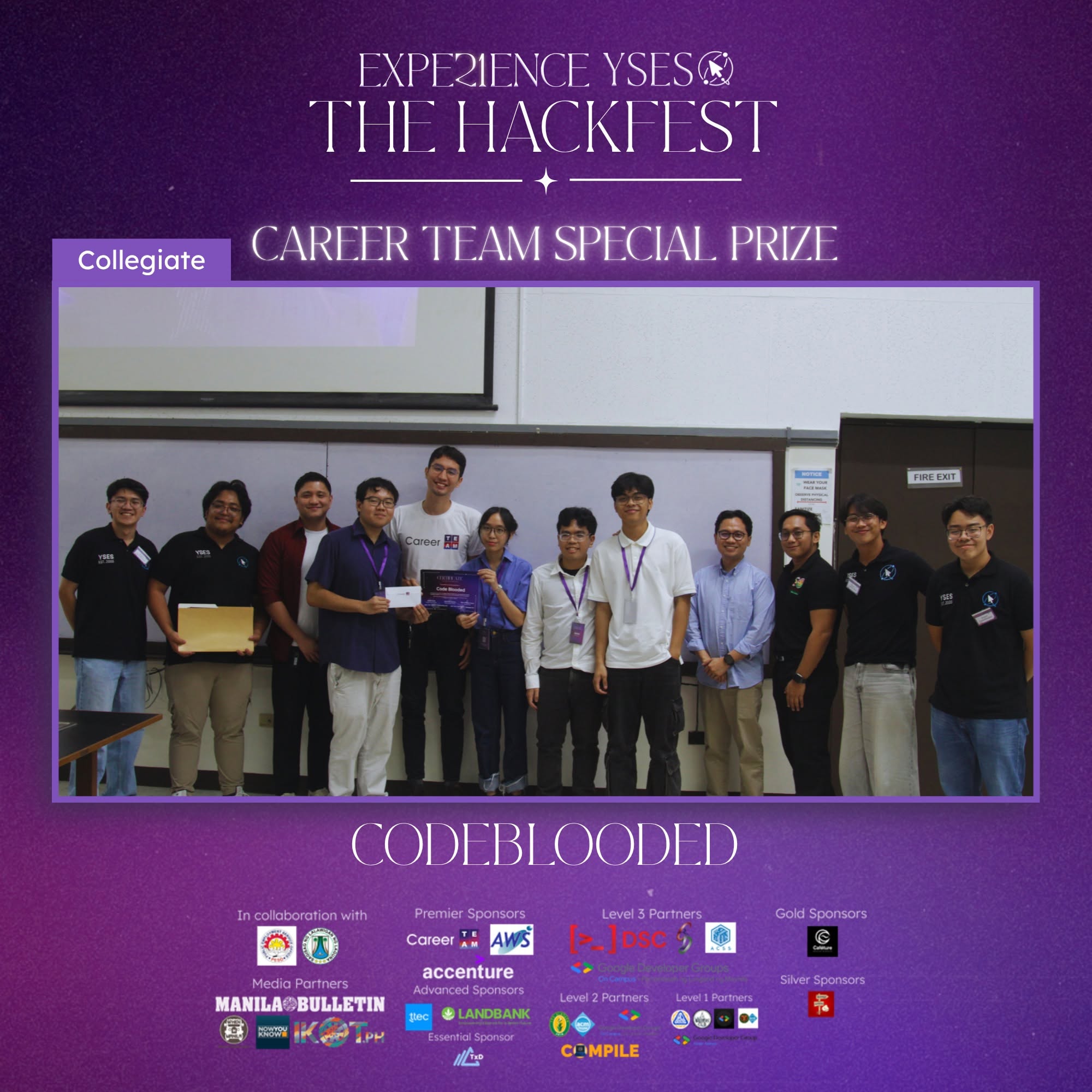 The YSES award card for the Career Team Special Prize in the collegiate category, naming team CodeBlooded