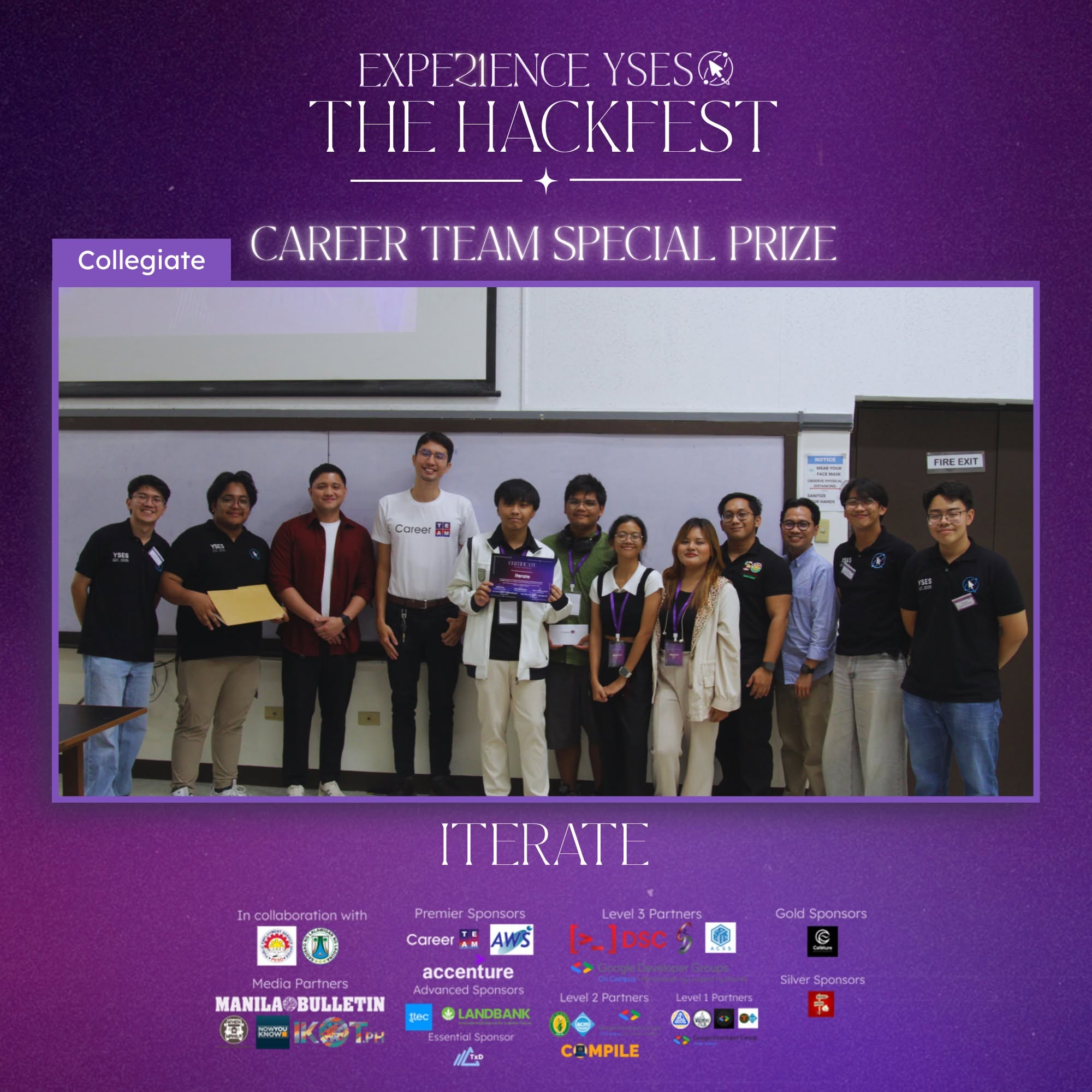 The YSES award card for the Career Team Special Prize in the collegiate category, naming team Iterate, with the winners and organizers lined up in the lecture hall