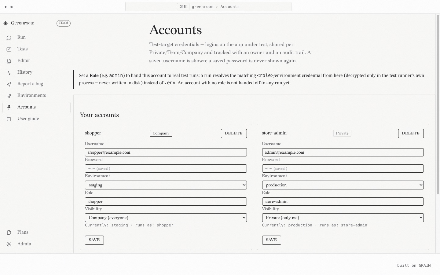 Greenroom's Accounts page showing two saved logins for the app under test, one marked Company and one marked Private, with passwords displayed only as saved.