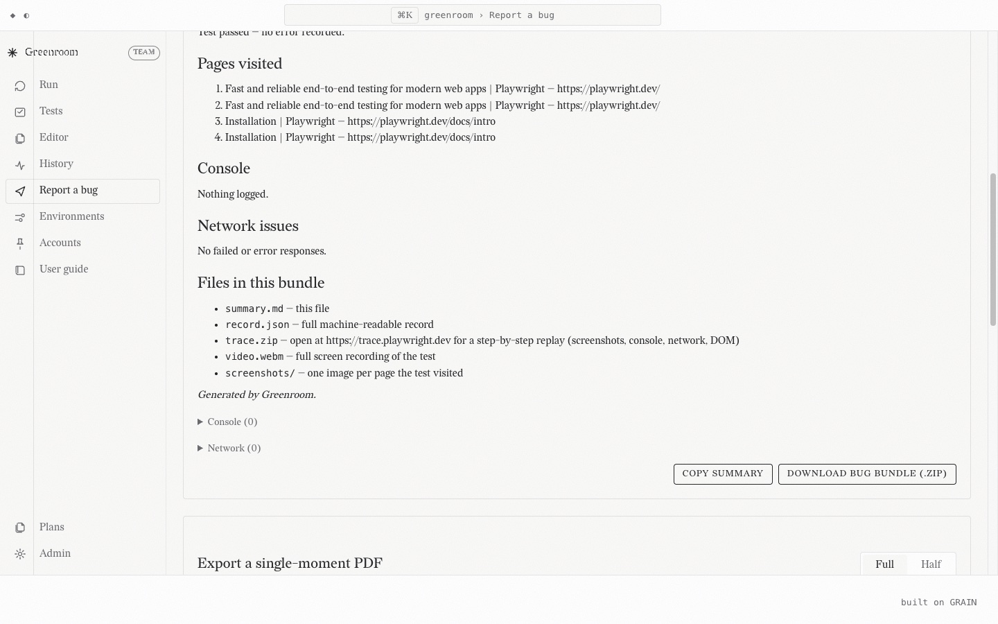 Greenroom's Report a bug page listing the pages a failed check visited, its console and network findings, and the files that go into the downloadable bundle.