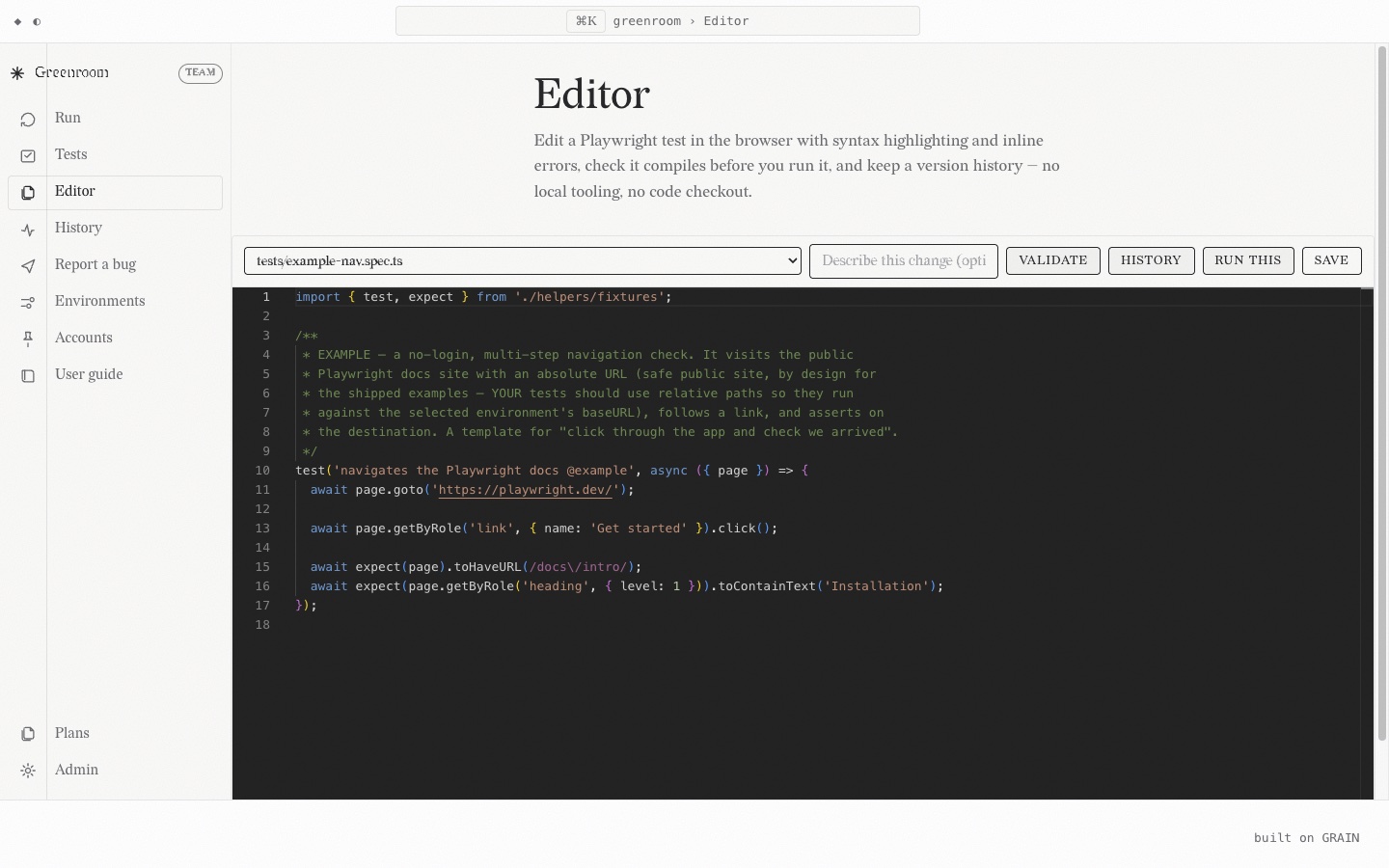 Greenroom's Editor page showing a Playwright test open in a syntax-highlighted code editor, with Validate, History, Run this and Save buttons.