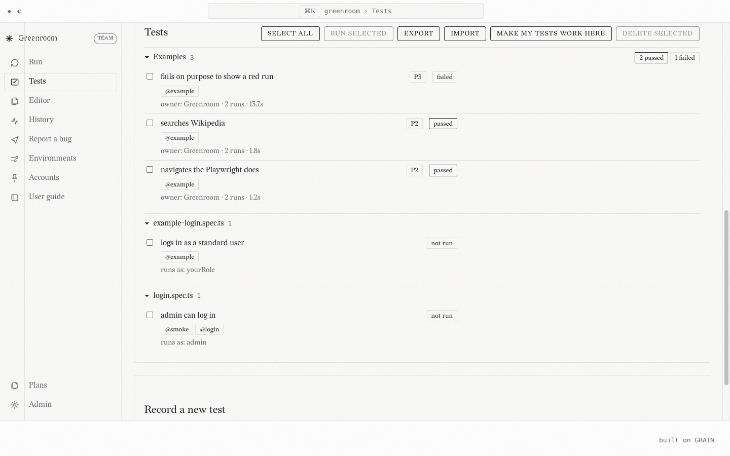 Greenroom's Tests page: a group called Examples showing three checks with tags, priorities and pass or fail badges, plus buttons to export, import and adapt existing tests.